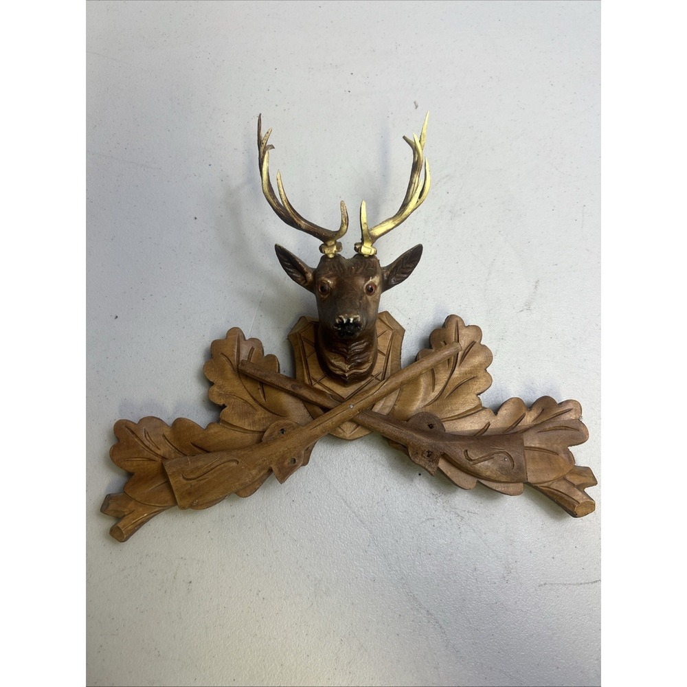 Vintage German Cuckoo Clock Wood Deer Head w/ Horns Guns Topper